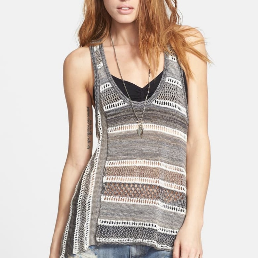Free People Lovebird Gray White Stripe Knit Tank
